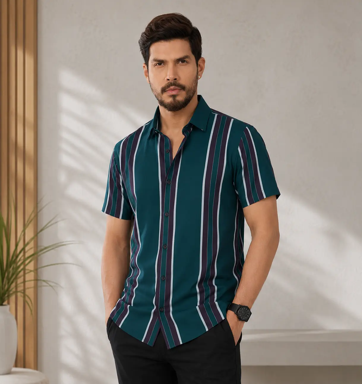 Dark Green & Purple Multi-Striped Shirt