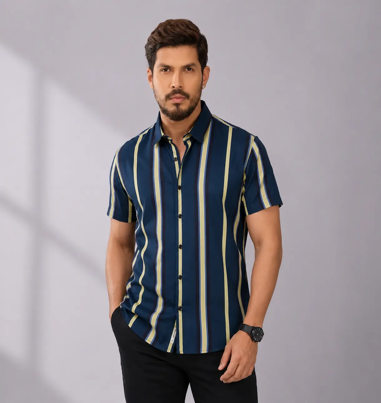 Navy Blue Vertical Striped Casual Shirt