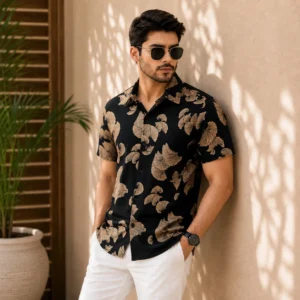 Black Beige Leaf Print