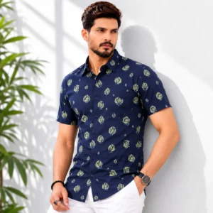 Navy Blue Olive Leaf Print